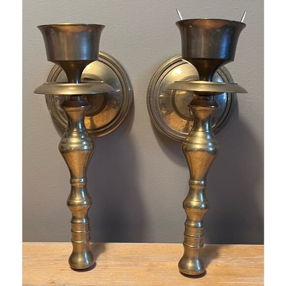 Vintage Brass Candle Sconces Pair Made in India Eclectic Bohemian Retro Classic